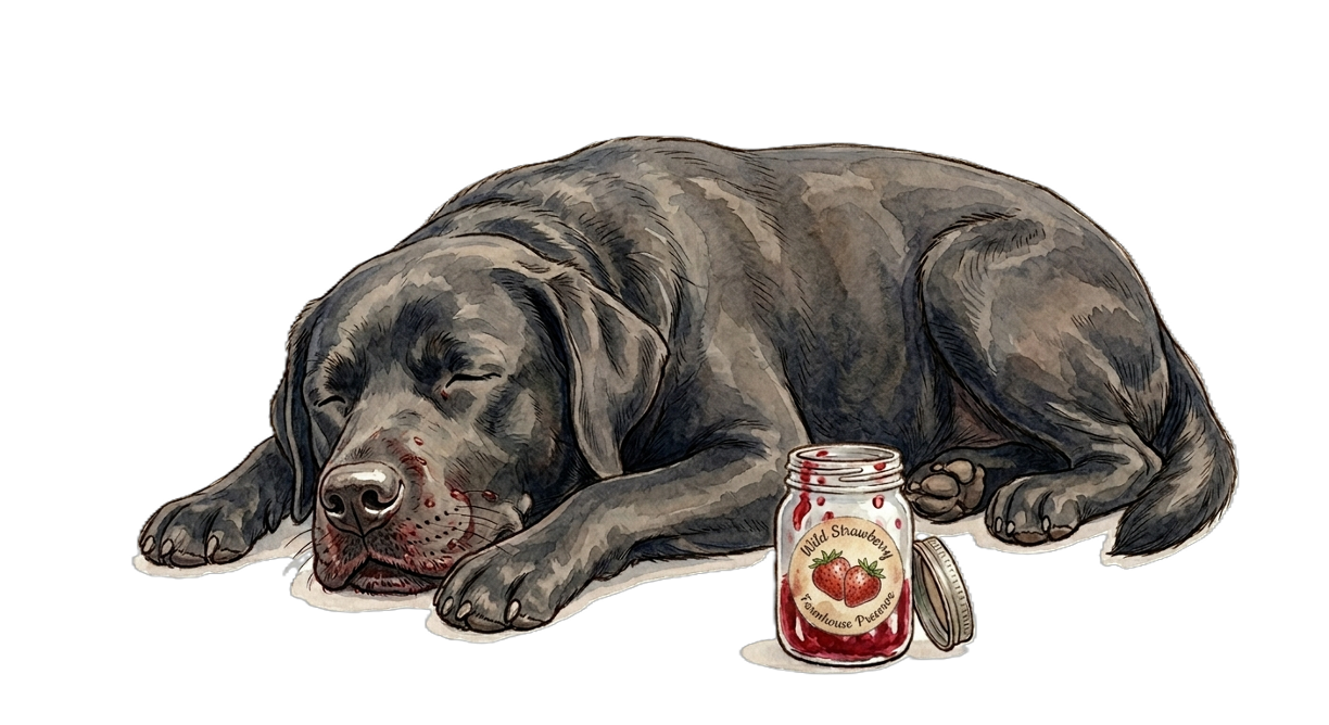 piirros: olli-koira nukkuu, vieressä avoin hillopurkki